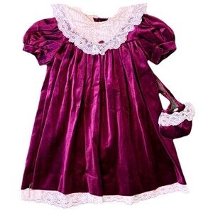 Girls Burgundy Velvet Lace Collar Party Dress w/ Matching Purse Victorian Size 5